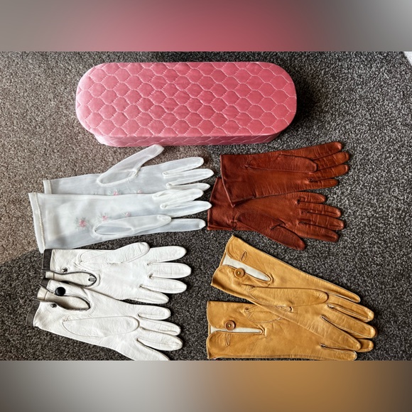 Vintage Gloves (4 prs) in Pink Quilted Long Glove Storage Box 40’s-50’s - Picture 2 of 13
